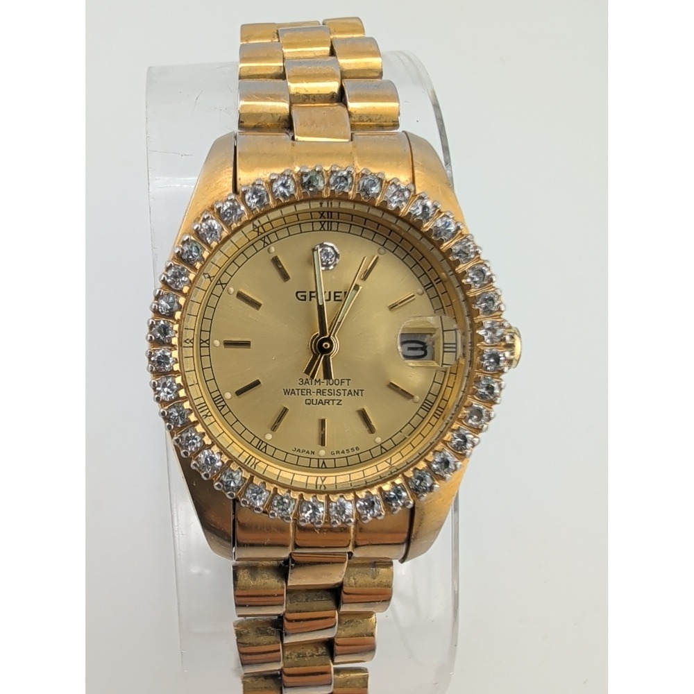 Vintage Gruen Women's Watch 26mm Case Crystal Bezel 6.75" Gold Band- New Battery